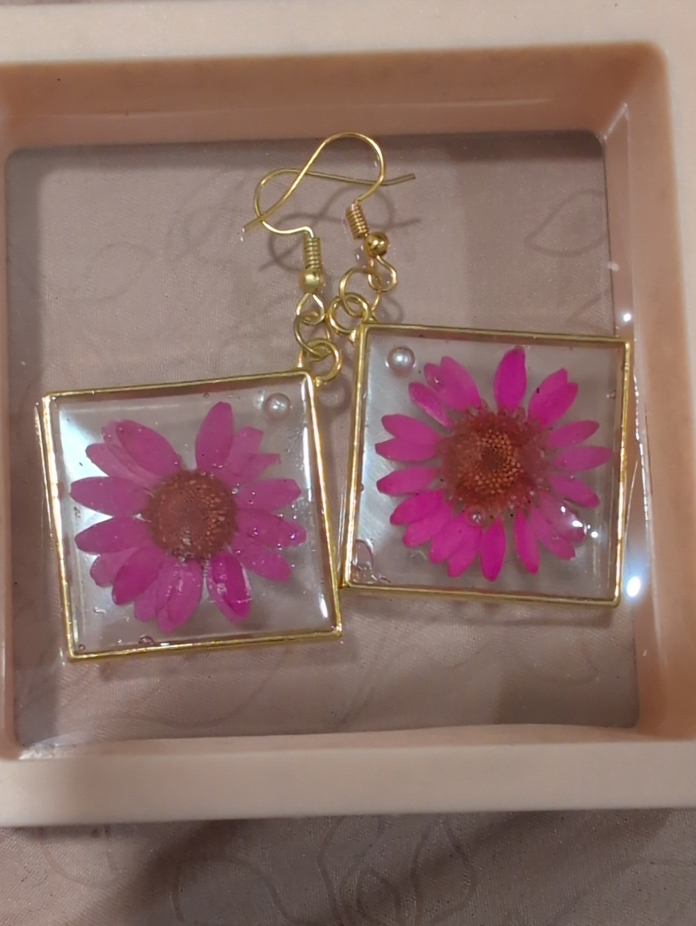 Handmade Pink Daisy Resin Square Drop Earrings